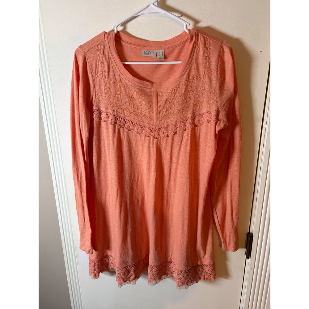 LOGO Lori Goldstein Coral Peach Embroidered Lace Trim Long Sleeve Tunic Top S
